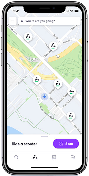Lyft rider app: scooters on the map