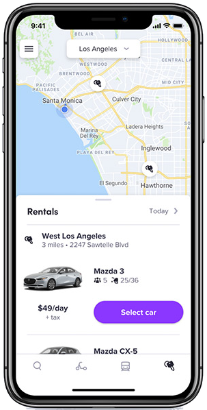 Lyft rider app: car rentals